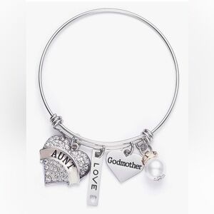 Aunt & Godmother Silver Charm Bangle Bracelet with Pearl Accent